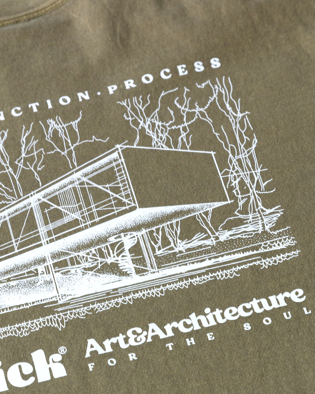 Architectural sketch of an mid-century modern home, focusing on balance, structure, and process. ACRYLICK logo with the words Art & Architecture for the Soul.