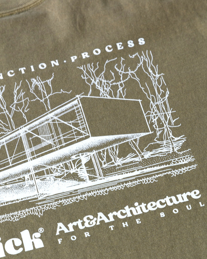 Architectural sketch of an mid-century modern home, focusing on balance, structure, and process. ACRYLICK logo with the words Art & Architecture for the Soul.