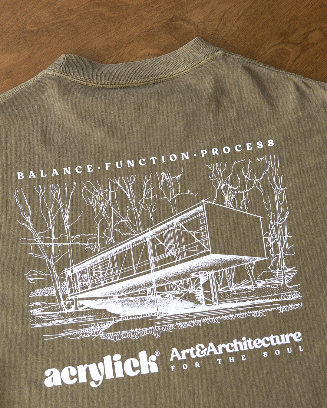 Architectural sketch of an mid-century modern home, focusing on balance, structure, and process. ACRYLICK logo with the words Art & Architecture for the Soul.