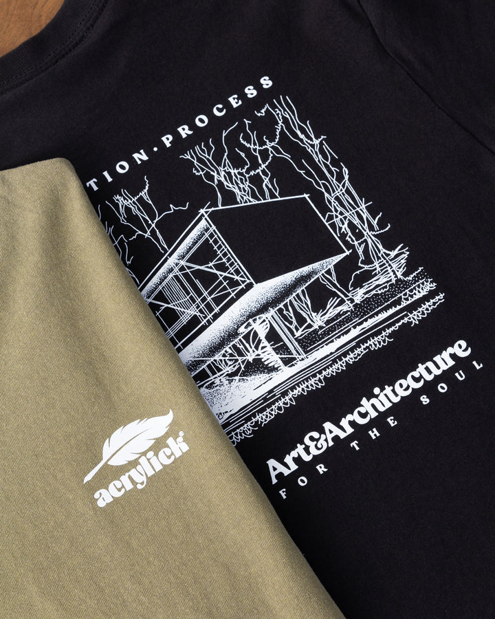 Architectural sketch of an mid-century modern home, focusing on balance, structure, and process. ACRYLICK logo with the words Art & Architecture for the Soul.