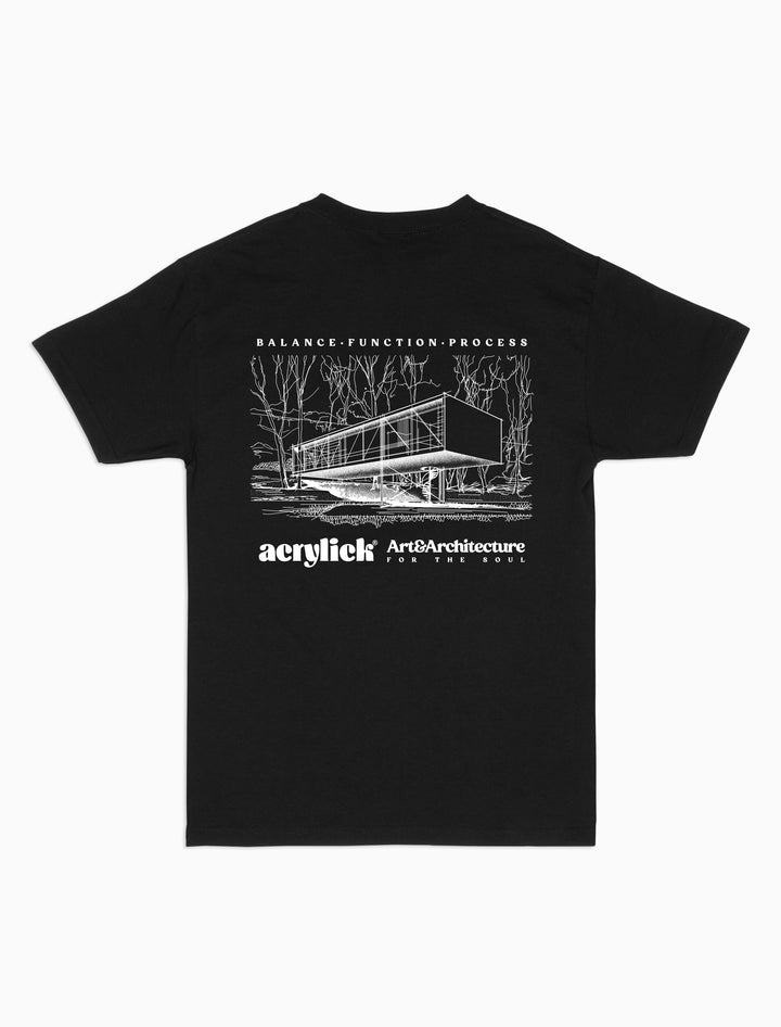 Architectural sketch of an mid-century modern home, focusing on balance, structure, and process. ACRYLICK logo with the words Art & Architecture for the Soul.