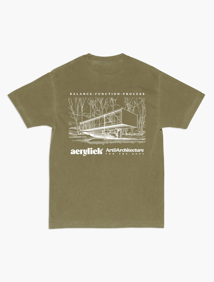 Architectural sketch of an mid-century modern home, focusing on balance, structure, and process. ACRYLICK logo with the words Art & Architecture for the Soul.