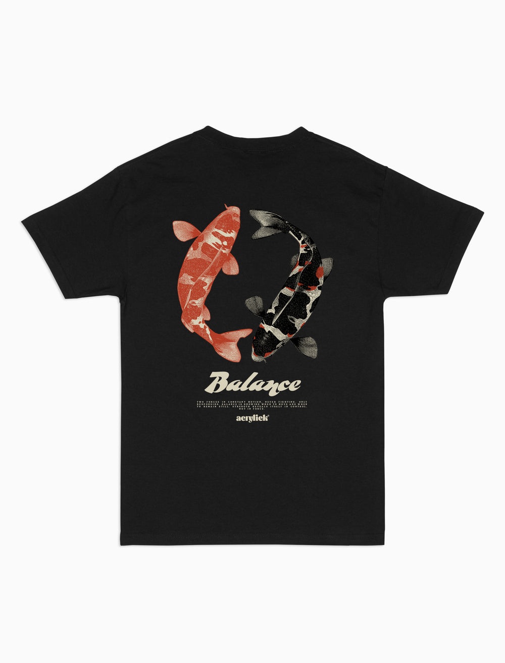 Two koi fish forming a yin-yang circle, symbolizing balance, harmony, and motion. Acrylick Zen Capsule Tee.