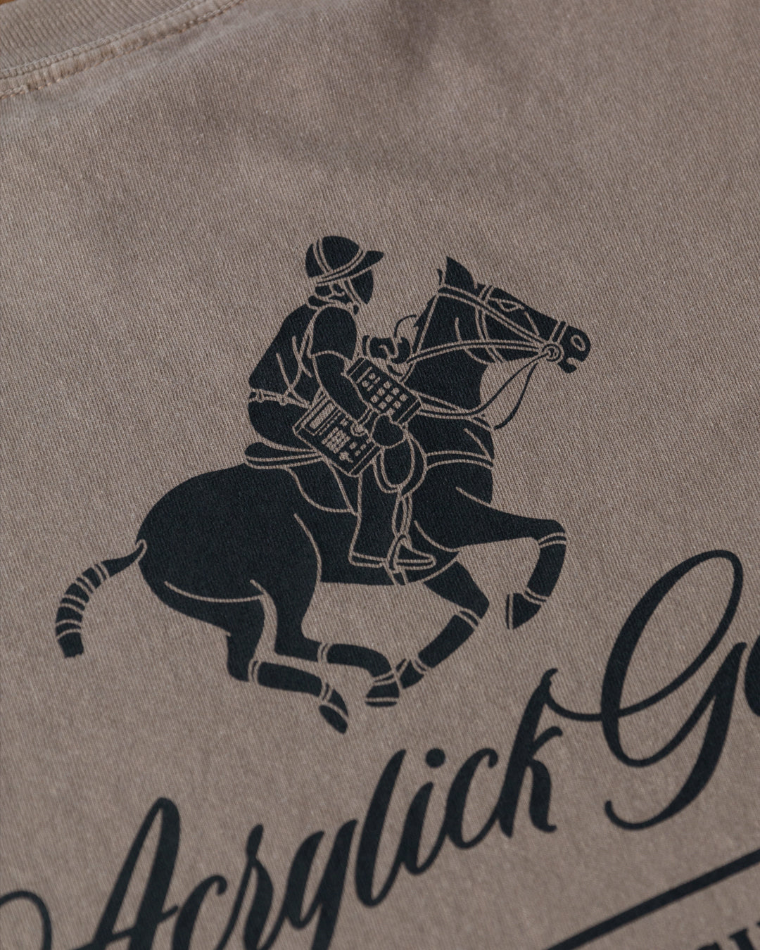 Illustration of a polo player riding a horse while holding an MPC beat machine, blending tradition, music culture with the words Acrylick Goods, Beat Society since 2003, the tradition continues.