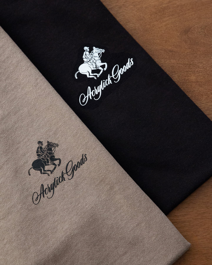 Illustration of a polo player riding a horse while holding an MPC beat machine, blending tradition, music culture with the words Acrylick Goods, Beat Society since 2003, the tradition continues.