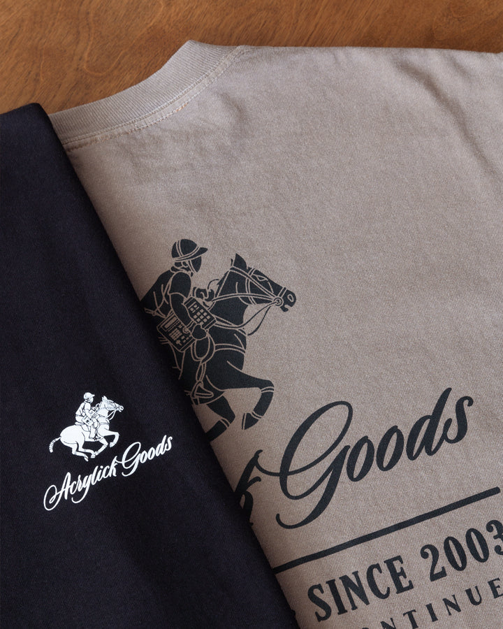 Illustration of a polo player riding a horse while holding an MPC beat machine, blending tradition, music culture with the words Acrylick Goods, Beat Society since 2003, the tradition continues.