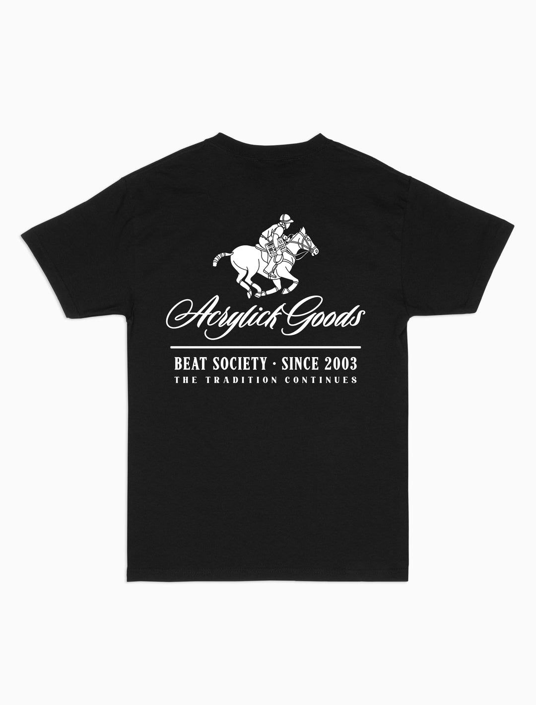 Illustration of a polo player riding a horse while holding an MPC beat machine, blending tradition, music culture with the words Acrylick Goods, Beat Society since 2003, the tradition continues.
