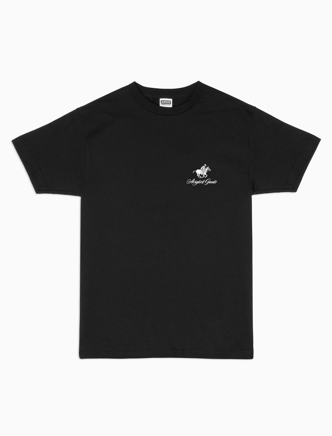 Illustration of a polo player riding a horse while holding an MPC beat machine, blending tradition, music culture with the words Acrylick Goods