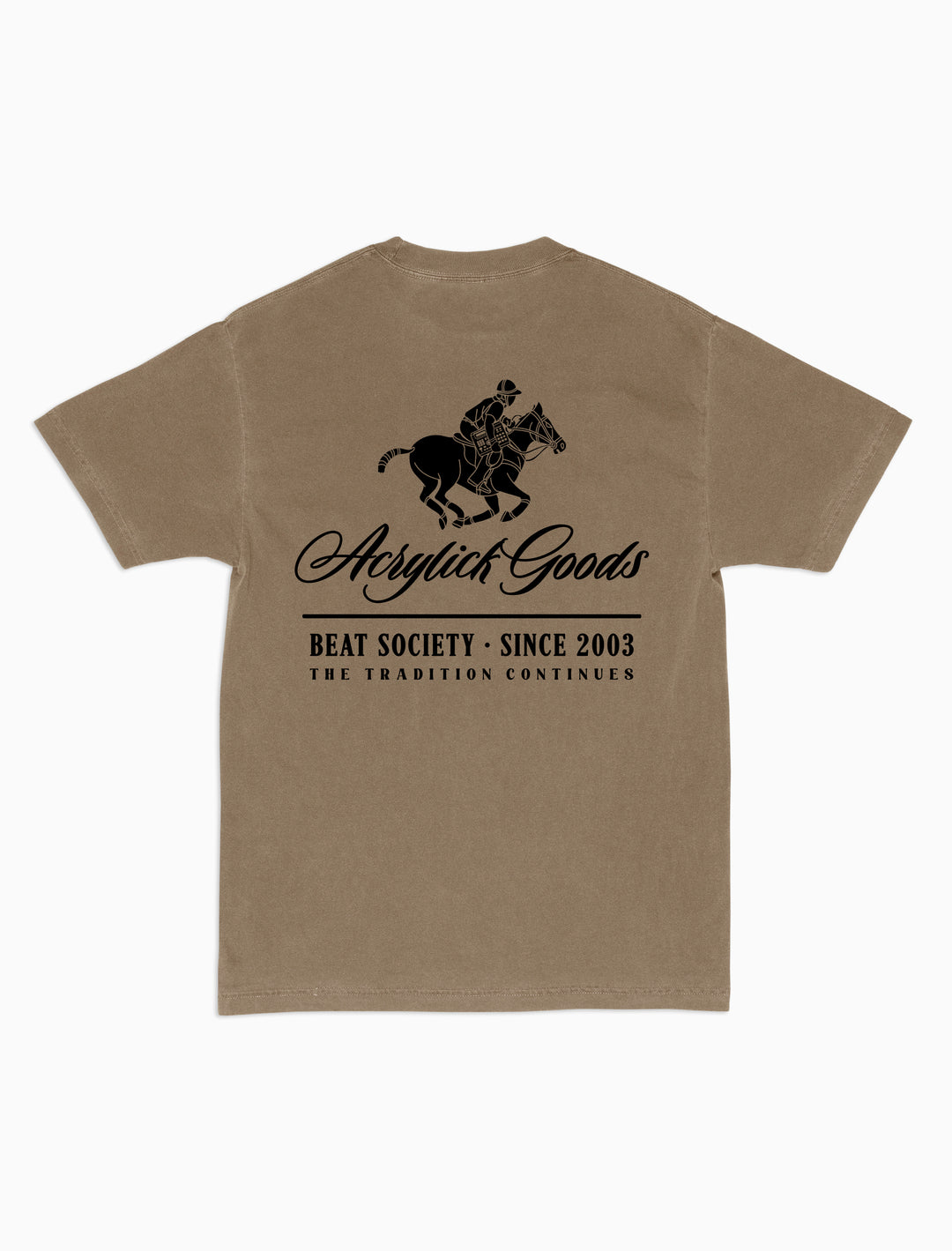 Illustration of a polo player riding a horse while holding an MPC beat machine, blending tradition, music culture with the words Acrylick Goods, Beat Society since 2003, the tradition continues.