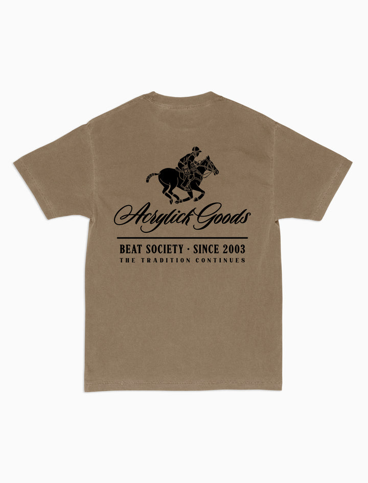 Illustration of a polo player riding a horse while holding an MPC beat machine, blending tradition, music culture with the words Acrylick Goods, Beat Society since 2003, the tradition continues.
