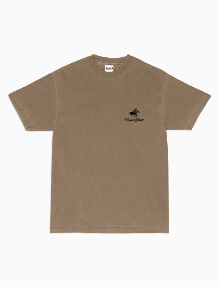 Illustration of a polo player riding a horse while holding an MPC beat machine, blending tradition, music culture with the words Acrylick Goods