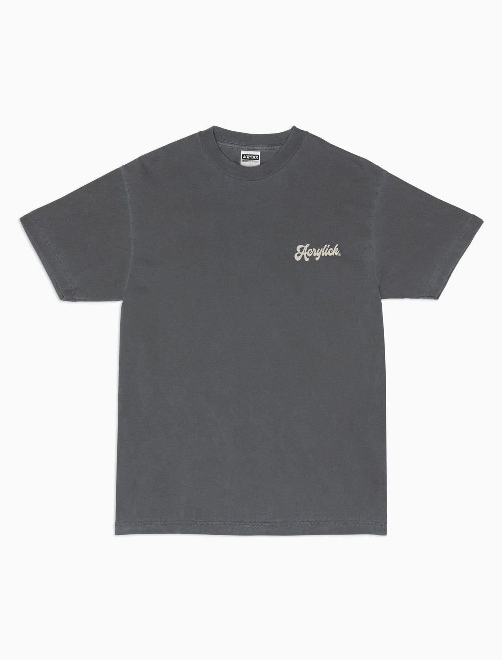 Faded Black t-shirt with Acrylick Script logo on a white background