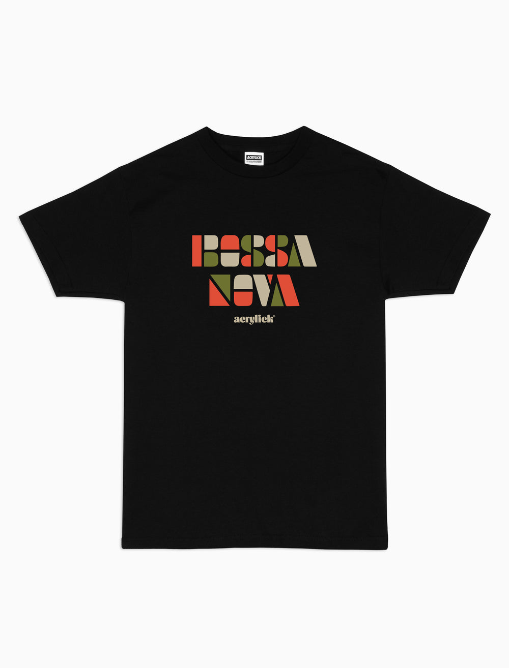 Energetic graphic tee inspired by Bossa Nova music Reads Bossa Nova, multi color across front chest.