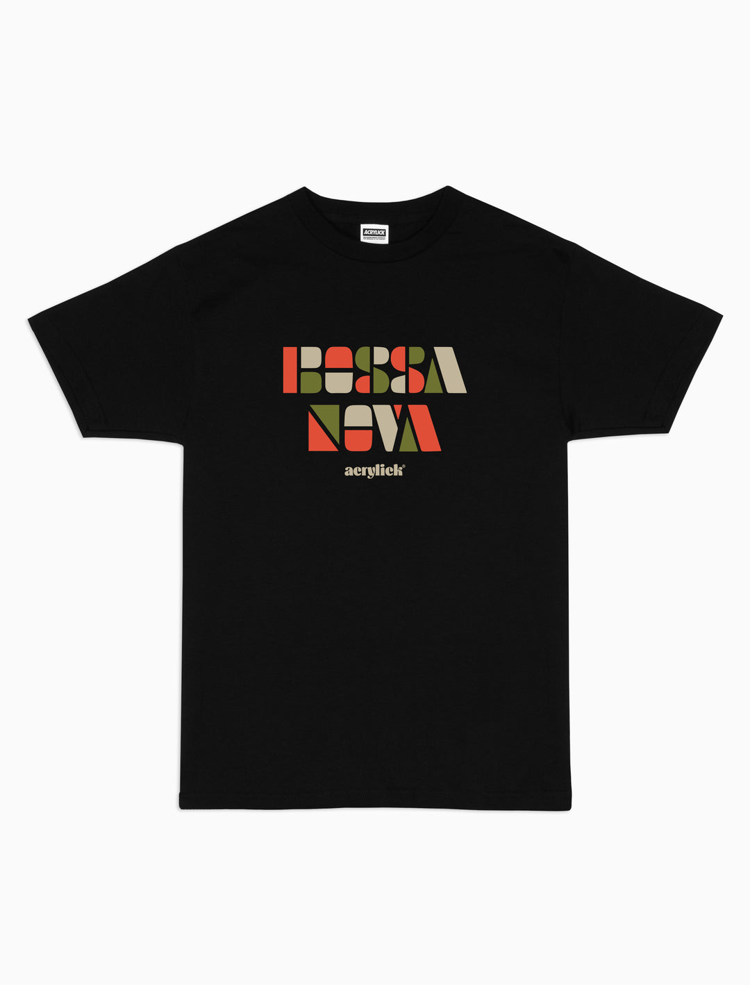 Energetic graphic tee inspired by Bossa Nova music Reads Bossa Nova, multi color across front chest.
