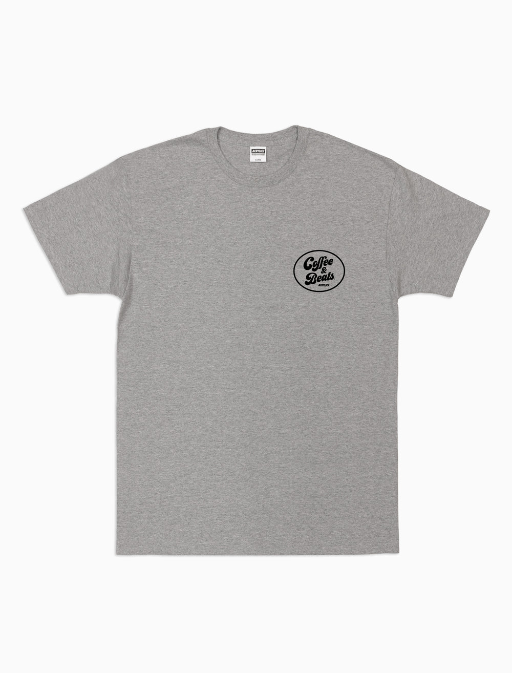 Gray t-shirt with 'Coffee & Beats' design on a white background