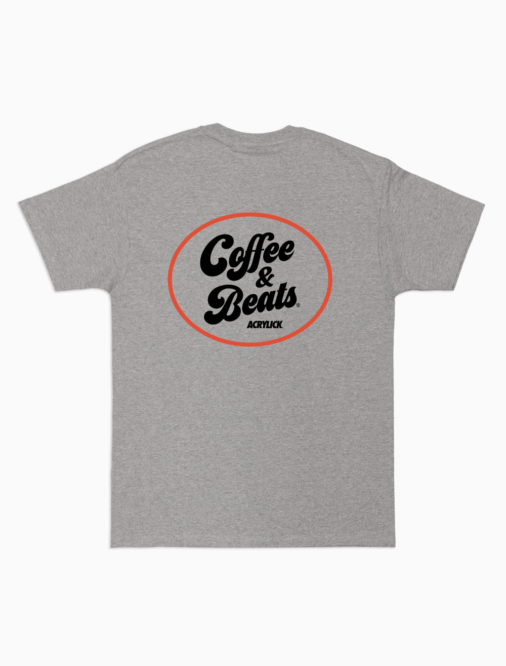 Gray t-shirt with 'Coffee & Beats' design on a white background