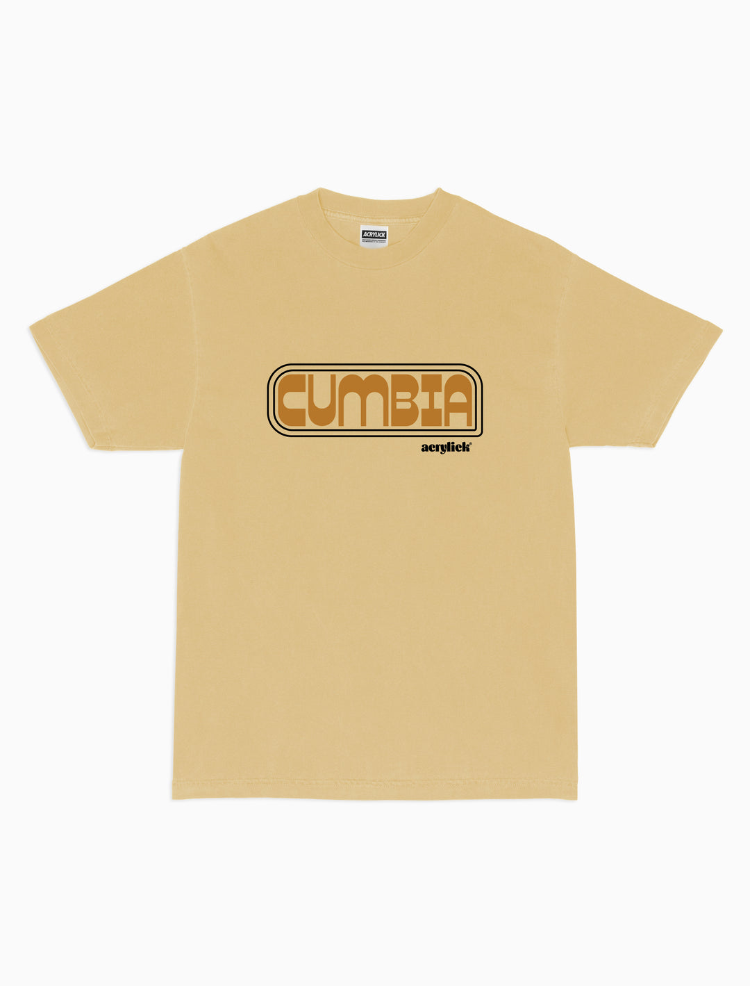 Retro graphic tee inspired by Cumbia music Reads Cumbia, multi color across front chest with Acrylick logo.