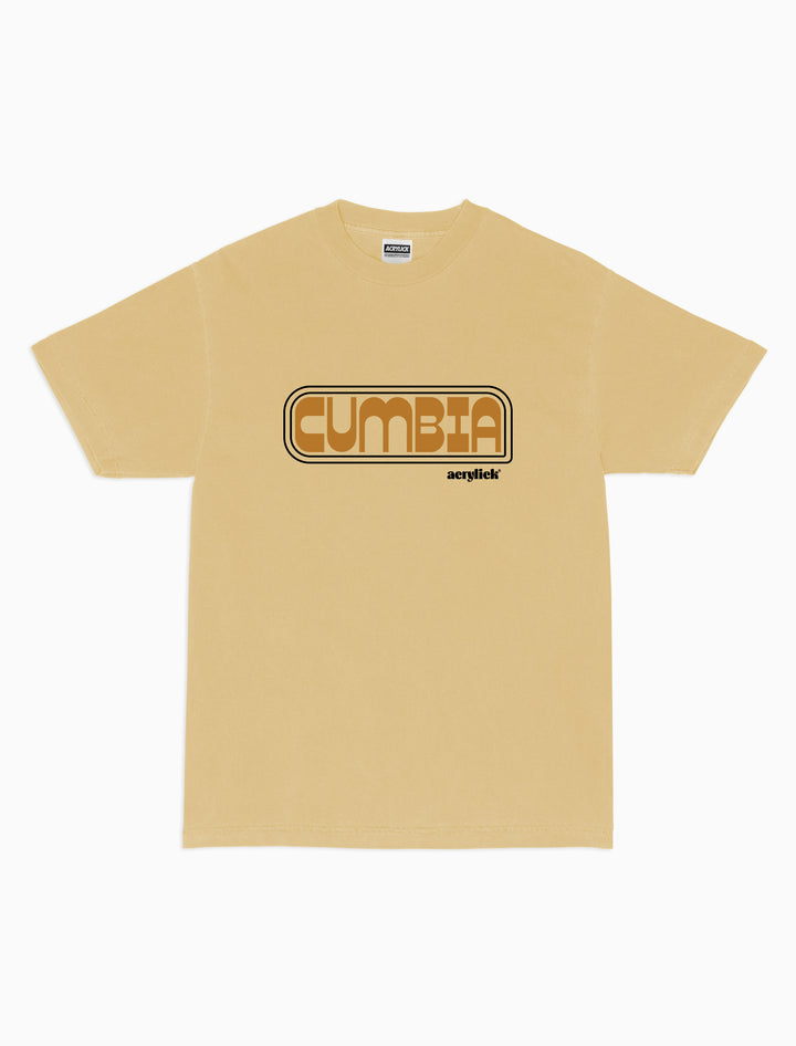 Retro graphic tee inspired by Cumbia music Reads Cumbia, multi color across front chest with Acrylick logo.