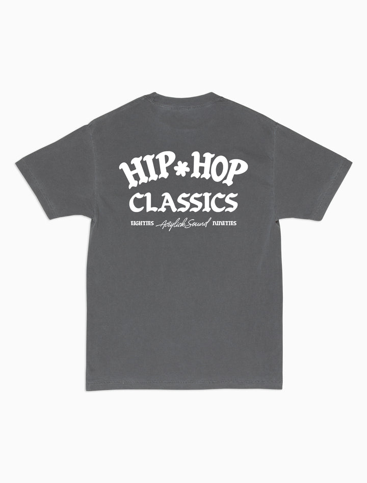 Gray t-shirt with 'Hip Hop Classics' text on a white background
