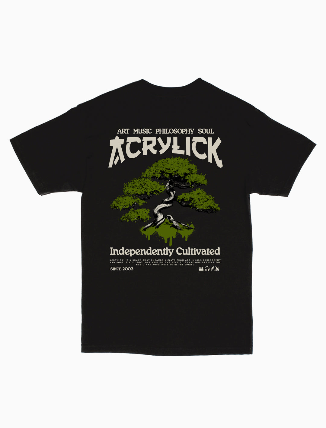 Illustration of a bonsai tree with spray paint drips over the roots, combining nature, street art, and independent creative growth.