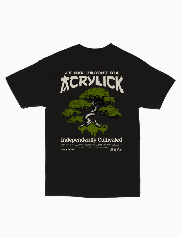 Illustration of a bonsai tree with spray paint drips over the roots, combining nature, street art, and independent creative growth.