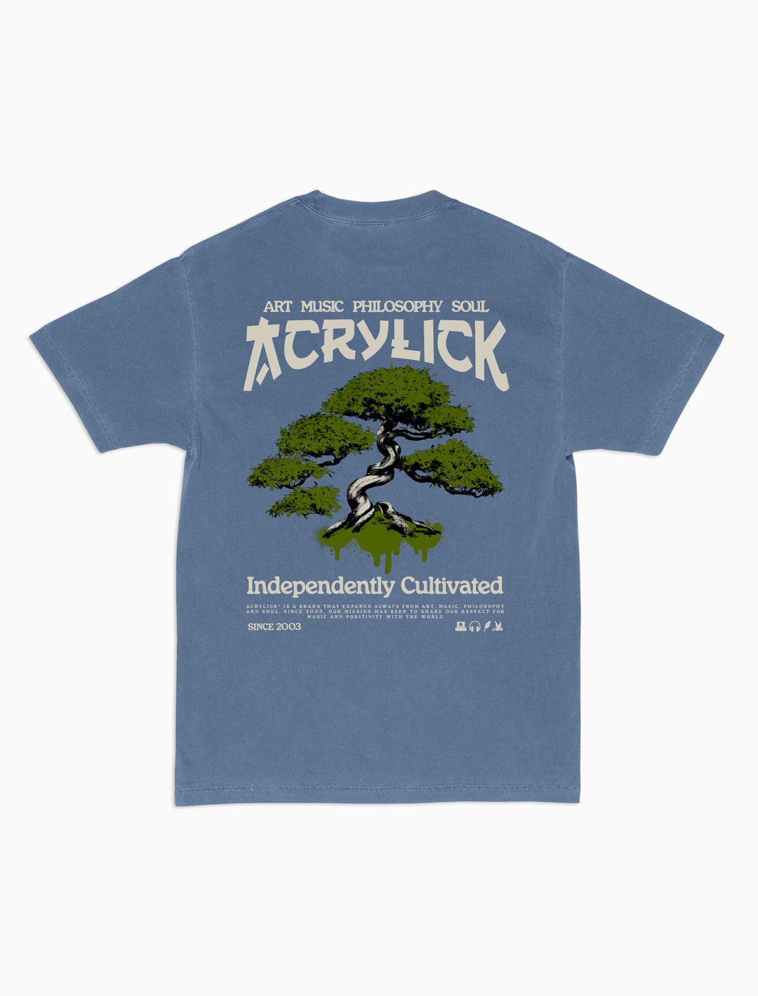 Illustration of a bonsai tree with spray paint drips over the roots, combining nature, street art, and independent creative growth.