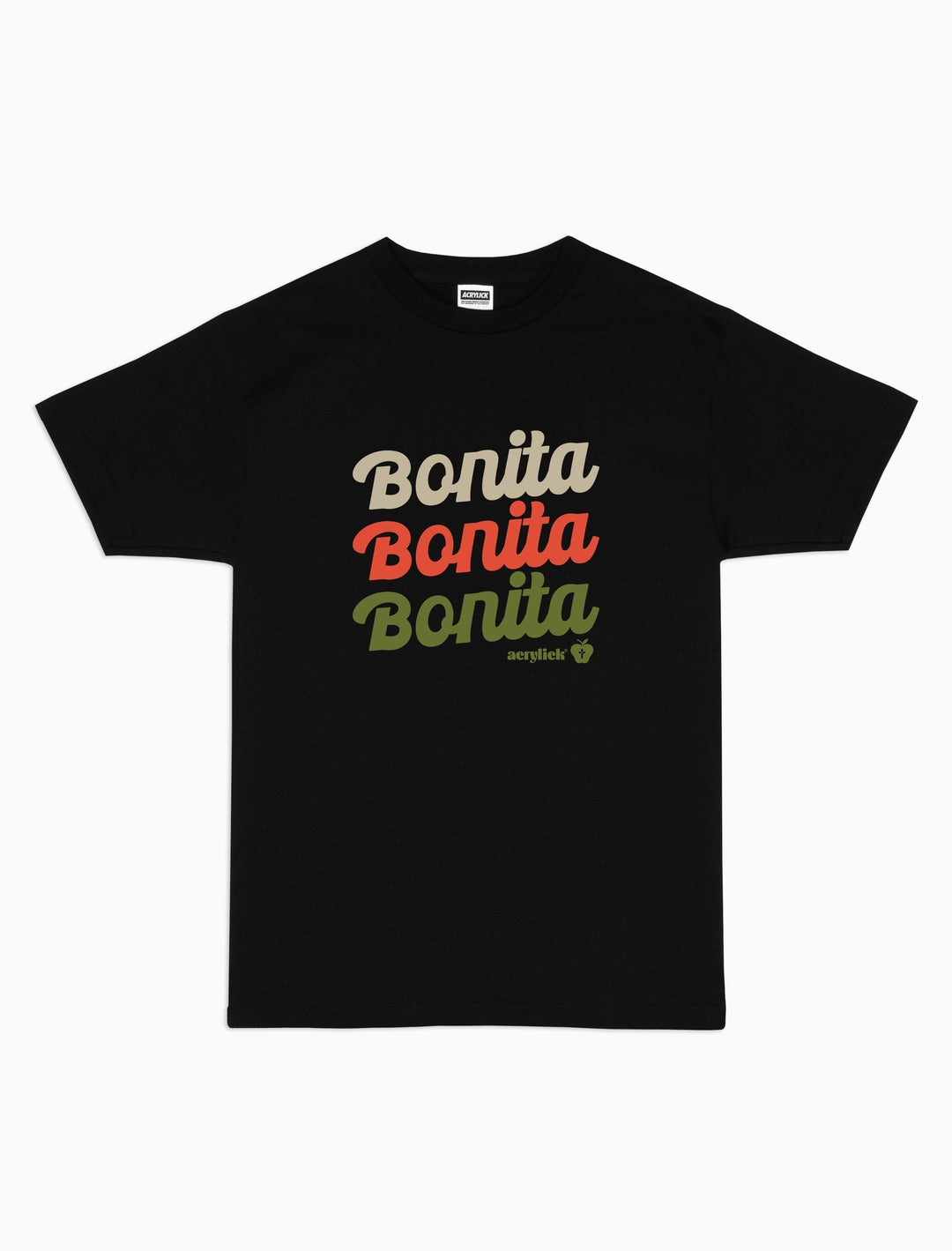 Latin-inspired typography, reads Bonita, Bonita, Bonita, Acrylick with a small apple.