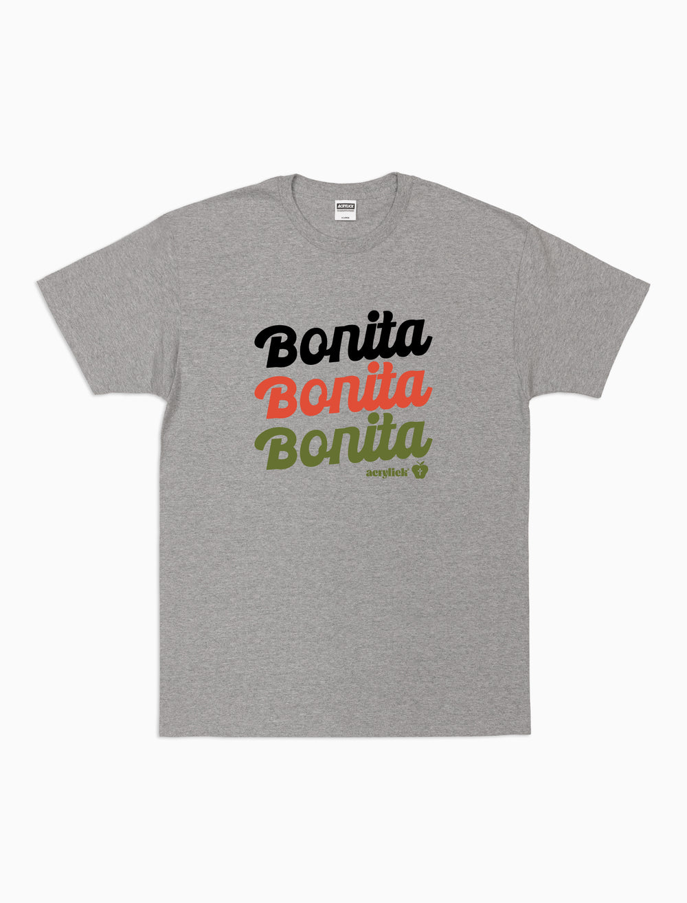 Latin-inspired typography, reads Bonita, Bonita, Bonita, Acrylick with a small apple.