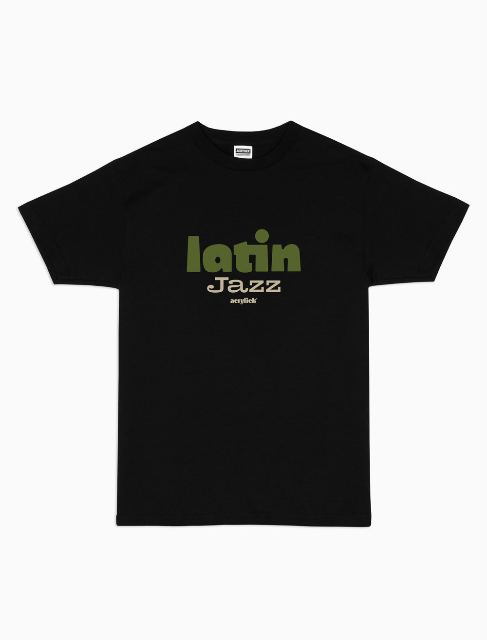 Energetic graphic tee inspired by Latin Jazz music Reads Latin Jazz, multi color across front chest.