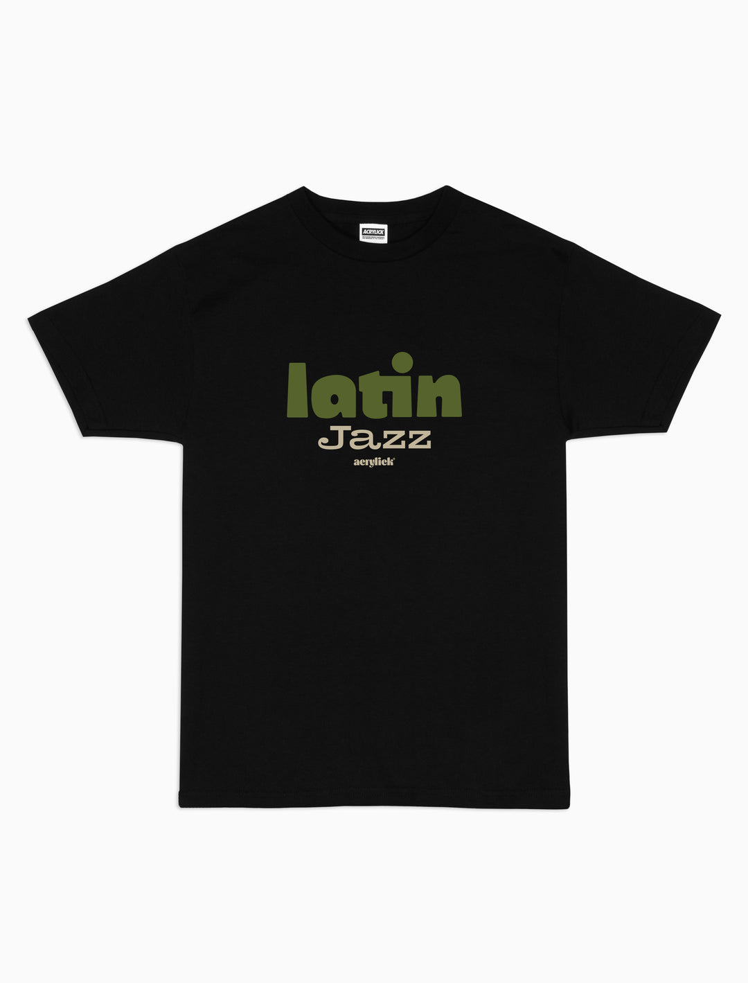 Energetic graphic tee inspired by Latin Jazz music Reads Latin Jazz, multi color across front chest.