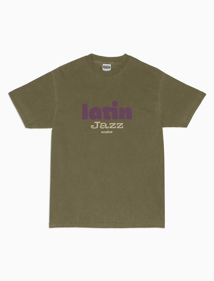 Energetic graphic tee inspired by Latin Jazz music Reads Latin Jazz, multi color across front chest.