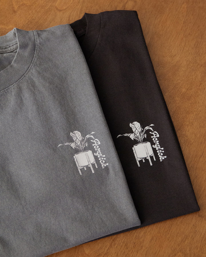 Mid-century style lounge chair holding a vintage hi-fi stereo, paired with a peace lily in a modern planter, representing relaxed listening and thoughtful living.