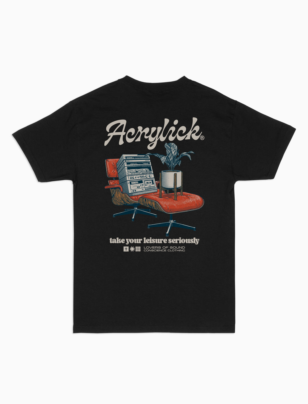 Mid-century style lounge chair holding a vintage hi-fi stereo, paired with a peace lily in a modern planter, representing relaxed listening and thoughtful living.