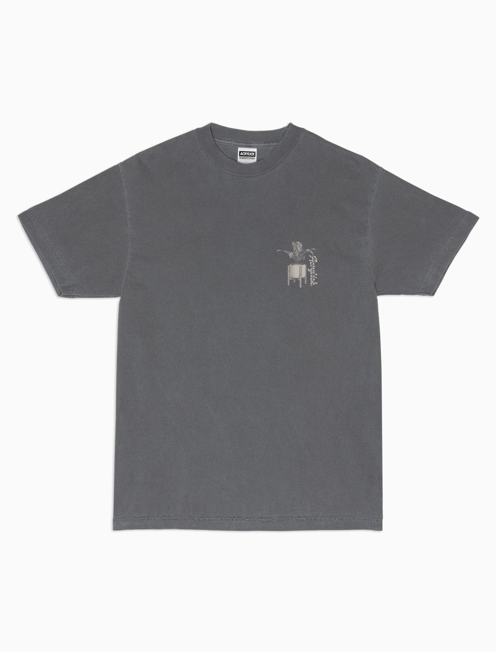 A mid century modern planter with a Peace lily plant with our Acrylick signature logo