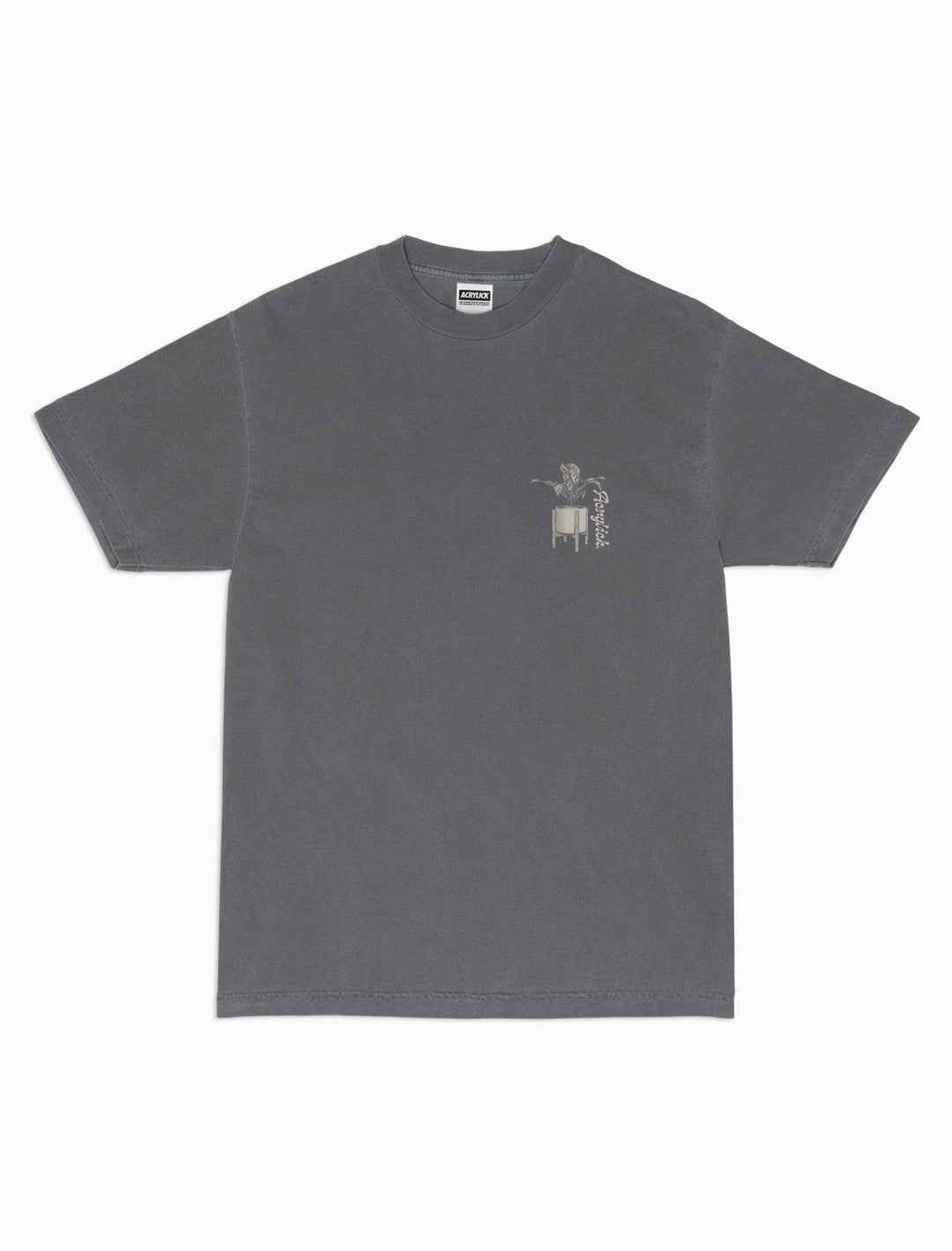 A mid century modern planter with a Peace lily plant with our Acrylick signature logo