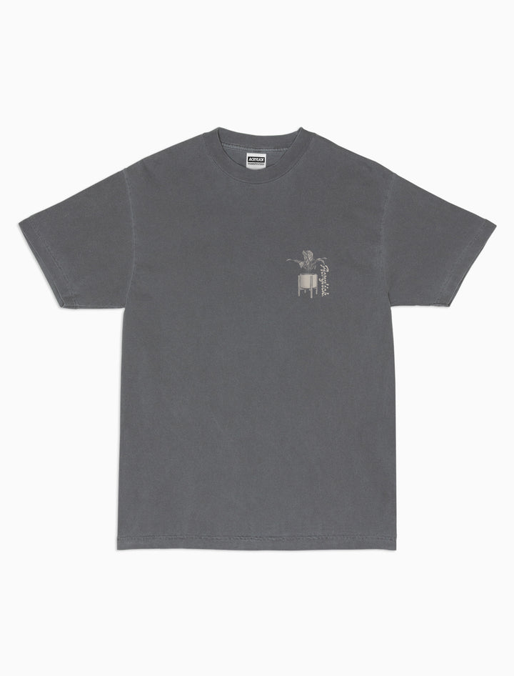 A mid century modern planter with a Peace lily plant with our Acrylick signature logo