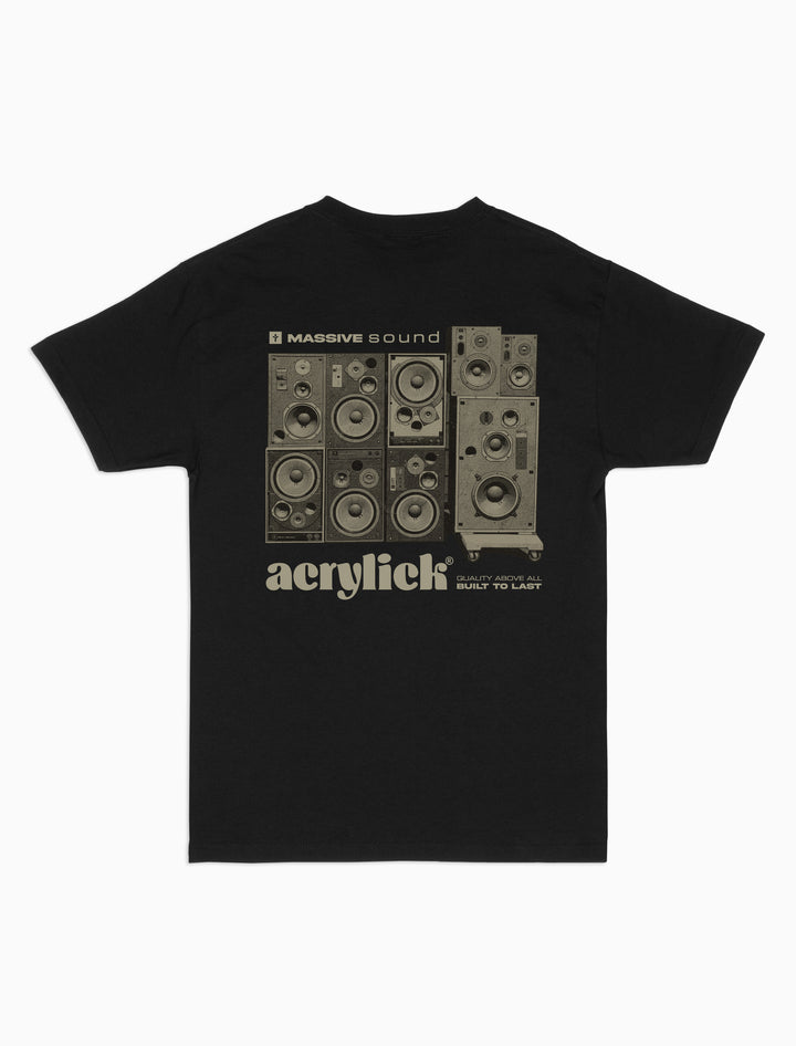 Graphic of a stacked wall of vintage analog speakers with text reading “Massive Sound,” emphasizing classic audio culture and durability.