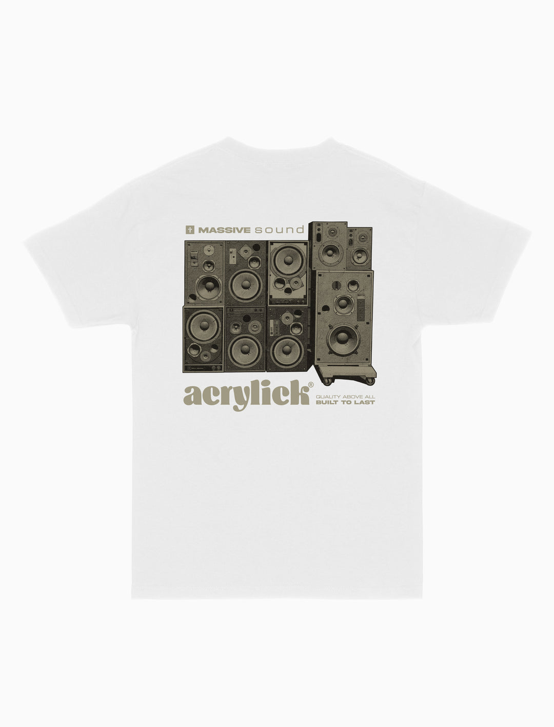 Graphic of a stacked wall of vintage analog speakers with text reading “Massive Sound,” emphasizing classic audio culture and durability.