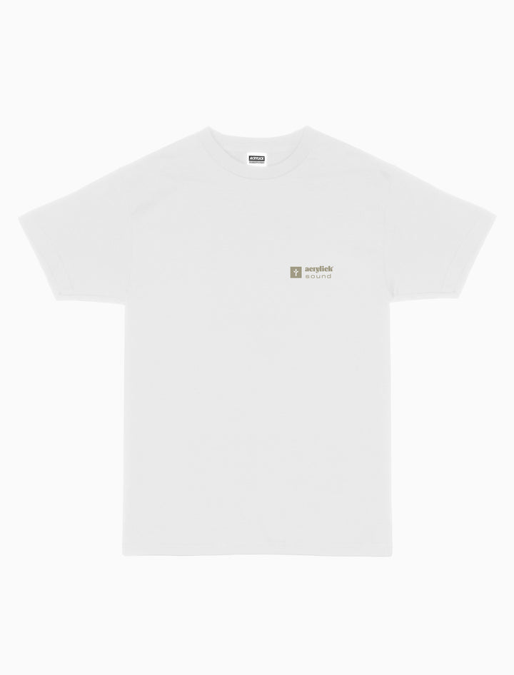 White t-shirt with a Acrylick Sound logo on chess 