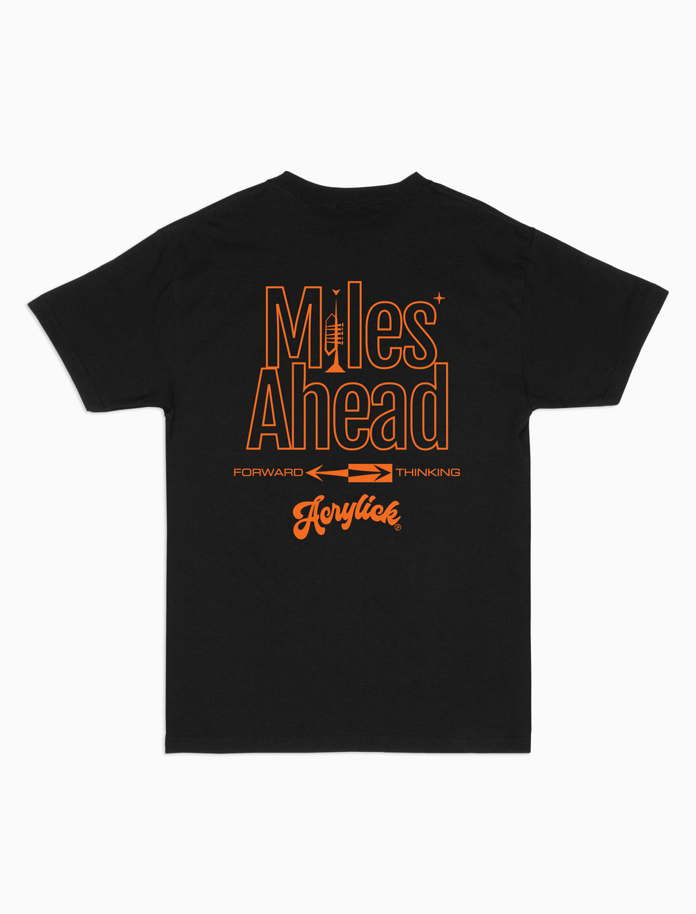 Minimal graphic featuring a trumpet forming the letter “I” in “Miles,” with mid-century arrows pointing forward to represent progress and forward thinking.