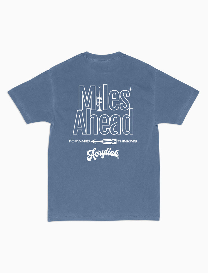 Minimal graphic featuring a trumpet forming the letter “I” in “Miles,” with mid-century arrows pointing forward to represent progress and forward thinking.