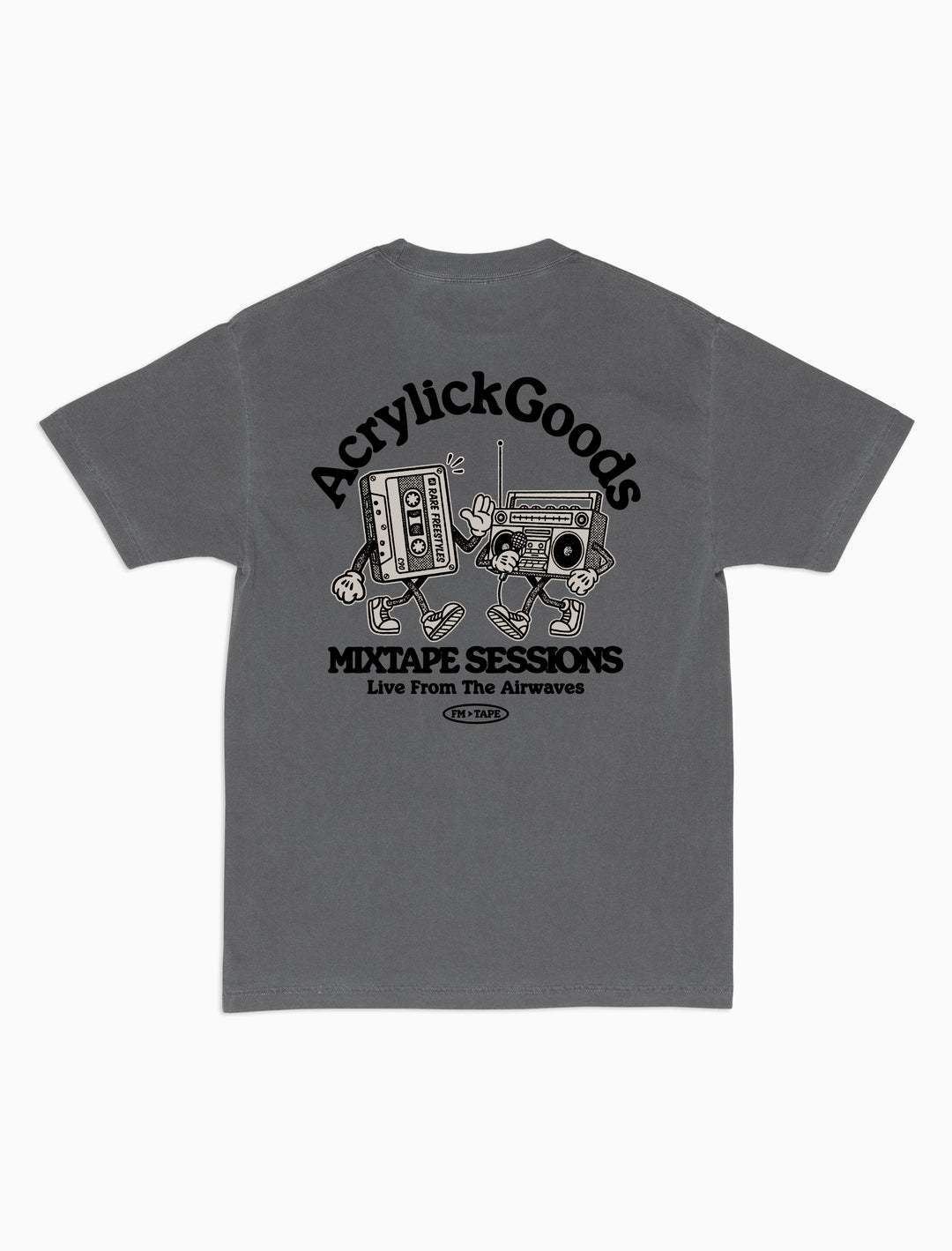 Graphic tee inspired by classic mixtapes, rooted in hip-hop culture and sound. A cassette and boom box, reads, Mixtape sessions, Live from the airwaves.