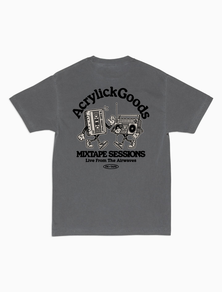 Graphic tee inspired by classic mixtapes, rooted in hip-hop culture and sound. A cassette and boom box, reads, Mixtape sessions, Live from the airwaves.