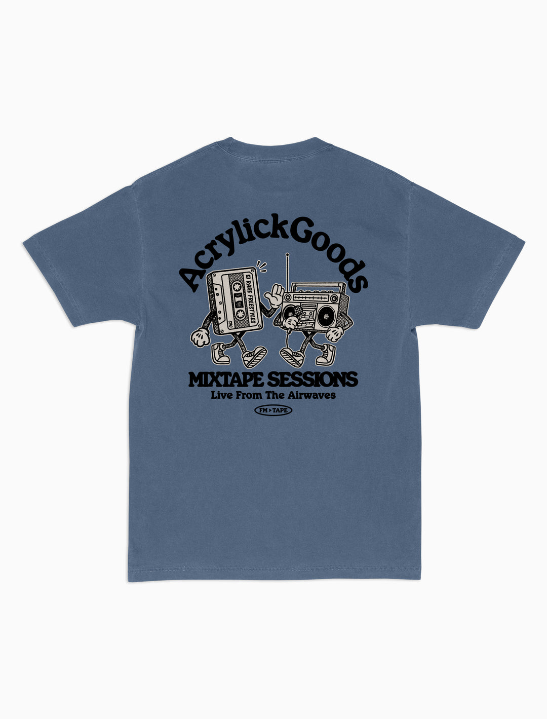Graphic tee inspired by classic mixtapes, rooted in hip-hop culture and sound. A cassette and boom box, reads, Mixtape sessions, Live from the airwaves.