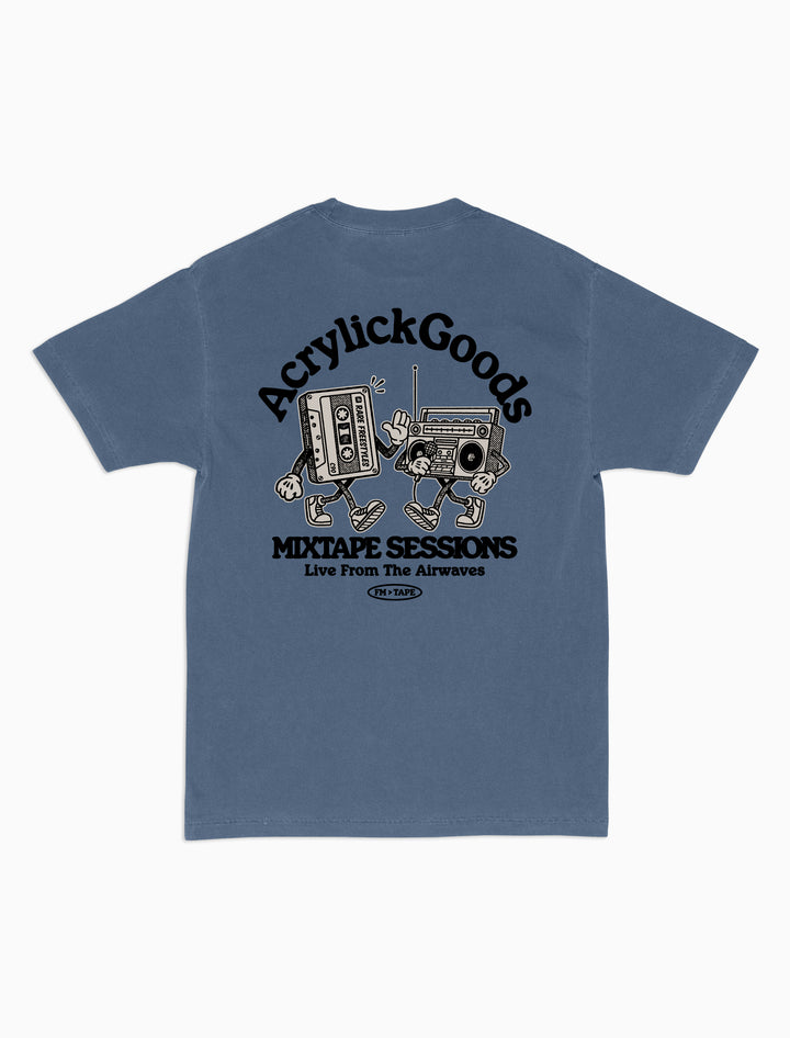 Graphic tee inspired by classic mixtapes, rooted in hip-hop culture and sound. A cassette and boom box, reads, Mixtape sessions, Live from the airwaves.