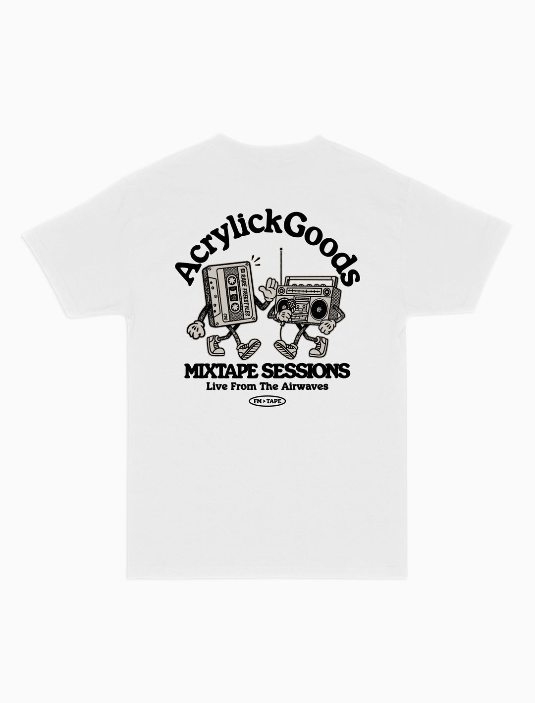 Graphic tee inspired by classic mixtapes, rooted in hip-hop culture and sound. A cassette and boom box, reads, Mixtape sessions, Live from the airwaves.