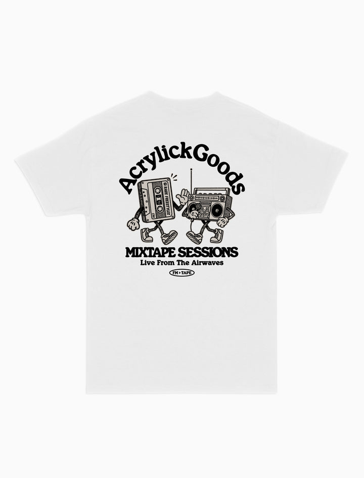 Graphic tee inspired by classic mixtapes, rooted in hip-hop culture and sound. A cassette and boom box, reads, Mixtape sessions, Live from the airwaves.