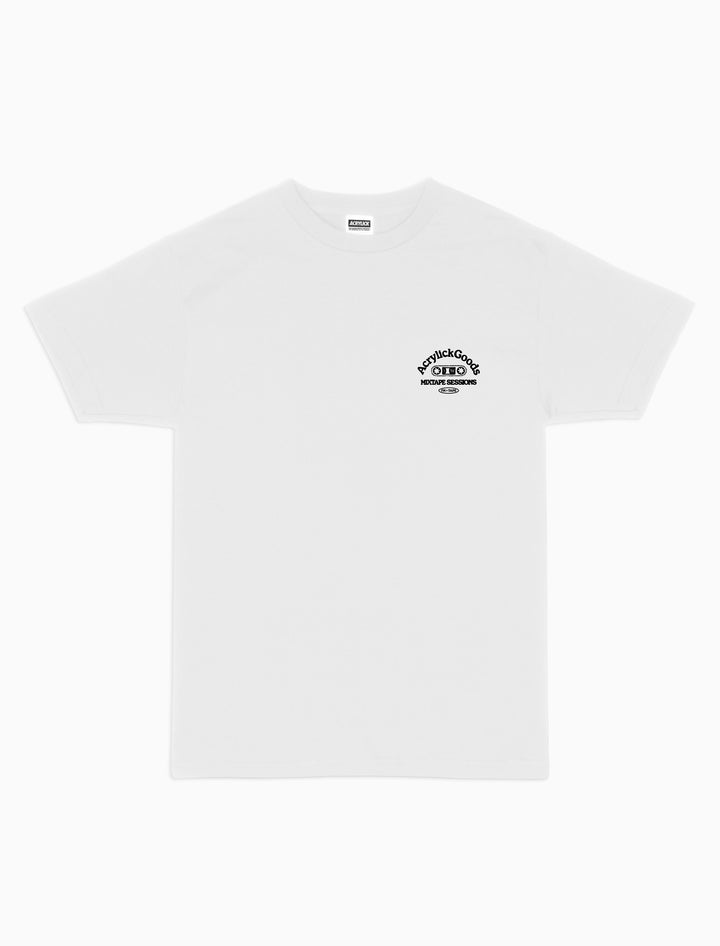 Graphic tee inspired by classic mixtapes, Reads; Acrylick Goods Mixtape sessions, FM to Tape.