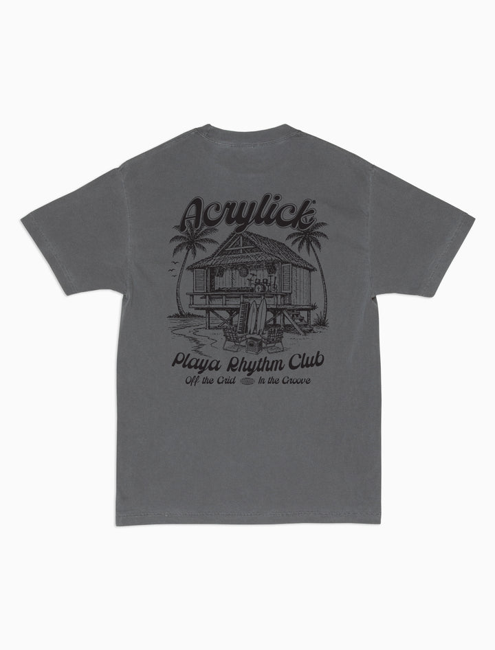 Relaxed lifestyle graphic tee inspired by coastal rhythm and laid-back living. Reads, Acrylick - Playa Rhythm Club, Off the Grid / In the groove.