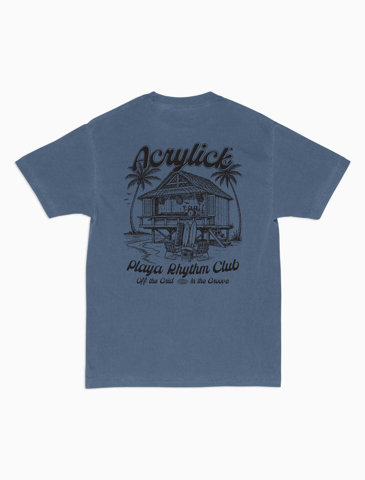 Relaxed lifestyle graphic tee inspired by coastal rhythm and laid-back living. Reads, Acrylick - Playa Rhythm Club, Off the Grid / In the groove.